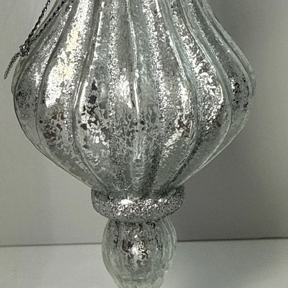 Set (2)‎ Silver and glittered mercury glass blown finial shaped ornaments 6 in